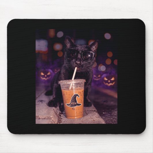 Cool black cat drinking iced coffee halloween muismat (Voorkant)