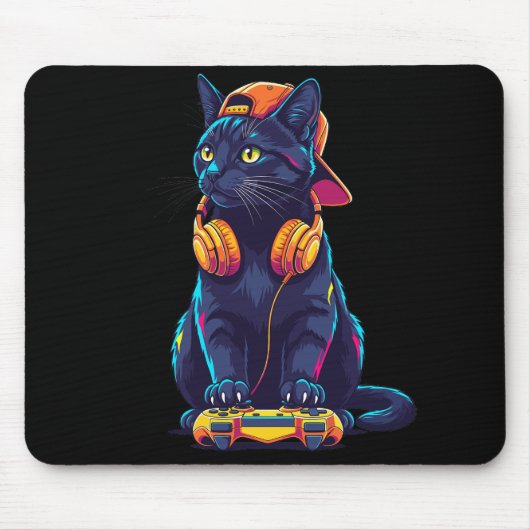 Cool Black Cat Gamer Halloween Muismat (Voorkant)