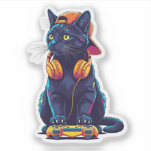 Cool Black Cat Gamer Halloween Spooky Design Sticker (Voorkant)