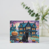 Cool Black Cat, Jack O Lanterns, Spooky House Feestdagenkaart (Staand voorkant)
