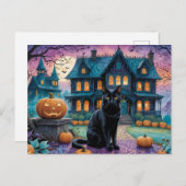 Cool Black Cat, Jack O Lanterns, Spooky House Feestdagenkaart (Voorkant / Achterkant)