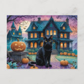 Cool Black Cat, Jack O Lanterns, Spooky House Feestdagenkaart (Voorkant)