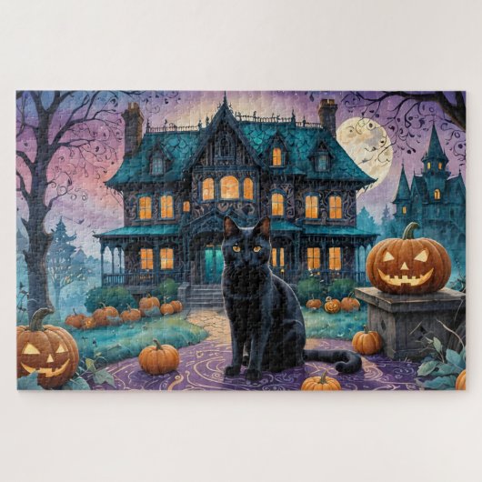 Cool Black Cat, Jack O Lanterns, Spooky House Legpuzzel (Horizontaal)