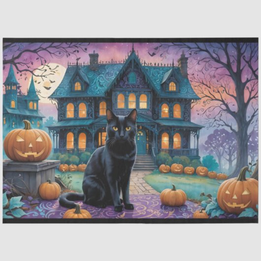 Cool Black Cat, Jack O Lanterns, Spooky House Tissuepapier (Voorkant)