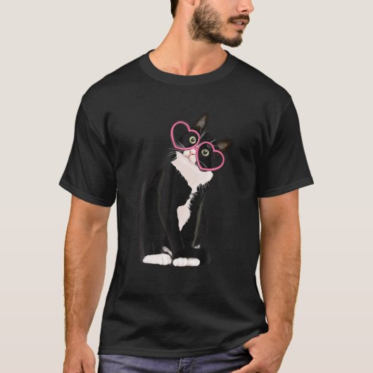Cool Black Cat Kitten Red Heart Glasses Happy vale T-shirt (Voorkant)