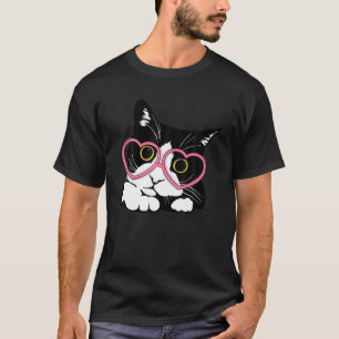 Cool Black Cat Kitten Red Heart Glasses Happy vale T-shirt