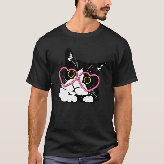Cool Black Cat Kitten Red Heart Glasses Happy vale T-shirt (Voorkant)