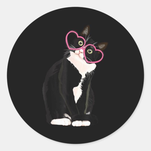 Cool Black Cat Kitten Red Heart Gles Happy Valenti Ronde Sticker (Voorkant)