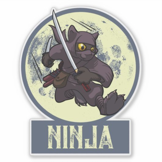 Cool Black Cat Ninja Cartoon Flying Kick Artwork Sticker (Voorkant)