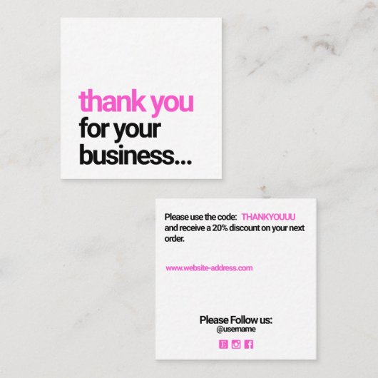 Cool Black Dank u Customer Appreciation Insert Vierkante Visitekaartje (Voorkant / Achterkant)