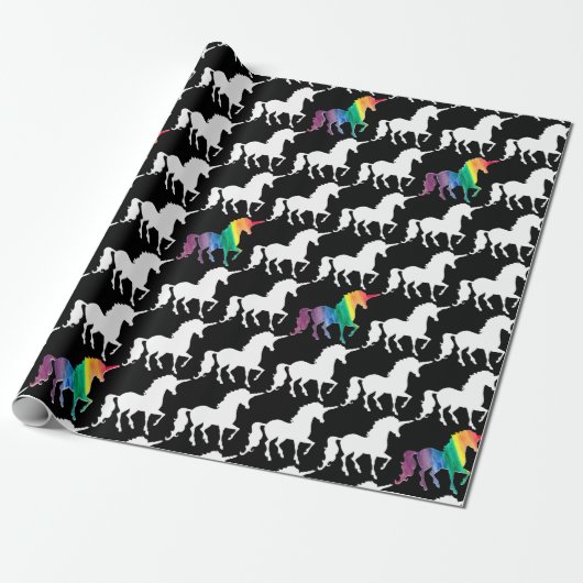 Cool Black en White Rainbow Unicorn Pattern Cadeaupapier (Uitgerold)