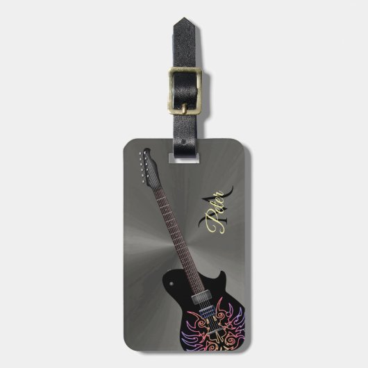 Cool Black Fiery Guitar Monogram Bagagelabel (Voorkant verticaal)
