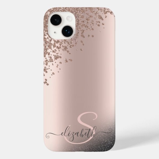 Cool Black Glitter Diamonds Roos Gold Monogram Case-Mate iPhone Case (Achterkant)
