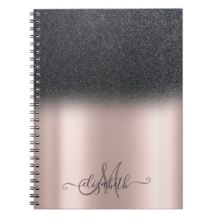 Cool Black Glitter Ombre Monogram Roos Gold Notitieboek