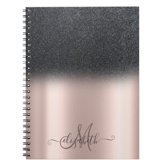 Cool Black Glitter Ombre Monogram Roos Gold Notitieboek (Voorkant)