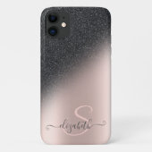 Cool Black Glitter Ombre Roos Gold Monogram Case-Mate iPhone Case (Achterkant)