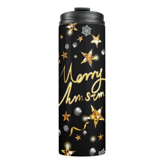 Cool Black & Gold Stars Metallic Mode Xmas Thermosbeker (Voorkant)