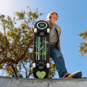 Cool Black Monogrammed Bamboe and Heart Skateboard