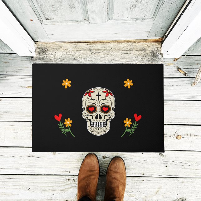 Cool Black Muertos Sugar Skull met Flowers Deurmat (Creator heeft geüpload)