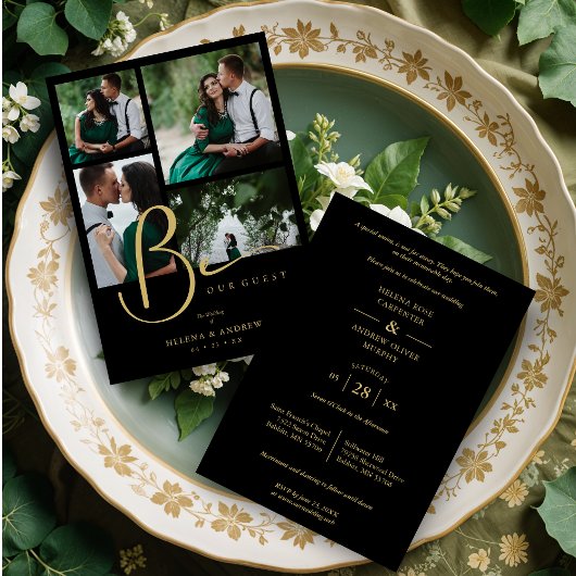 Cool Black Trendy 4 Multi Photos Collage Wedding Kaart
