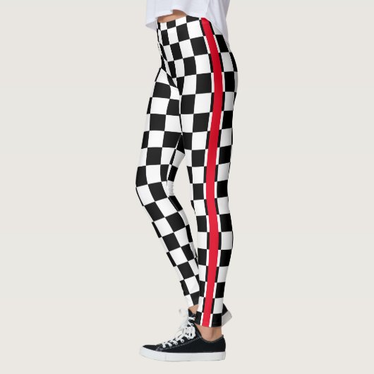 Cool Black White Checkered Flag Pattern Red Stripe Leggings (Links)