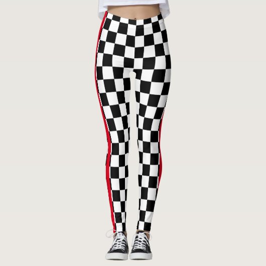 Cool Black White Checkered Flag Pattern Red Stripe Leggings (Voorkant)