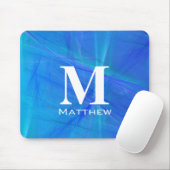 Cool Blau Fractal Witte Monogram Naam Muismat (Met muis)