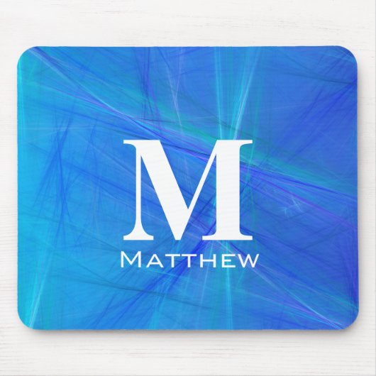 Cool Blau Fractal Witte Monogram Naam Muismat (Voorkant)