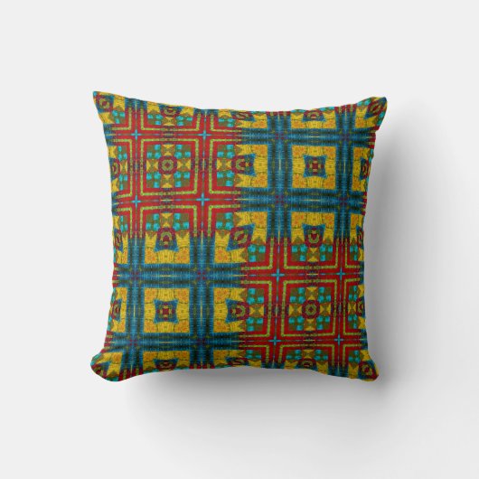 Cool Blauw Rood Geel Retro Geometrisch Etnisch Sta Kussen (Voorkant)