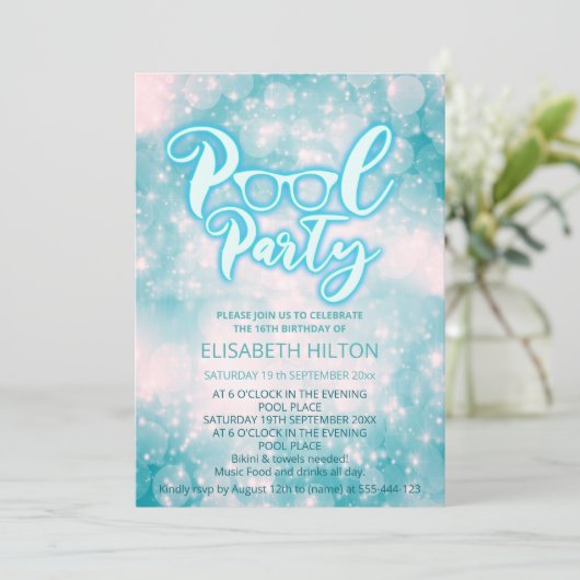 Cool blauw script zwembad party bokeh verjaardag kaart (Staand voorkant)