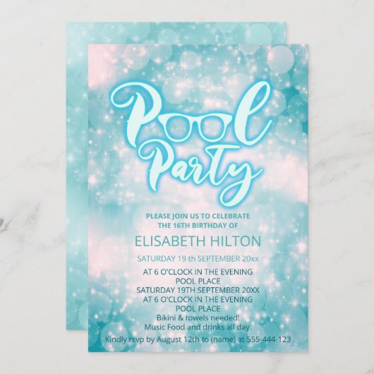 Cool blauw script zwembad party bokeh verjaardag kaart (Voorkant / Achterkant)