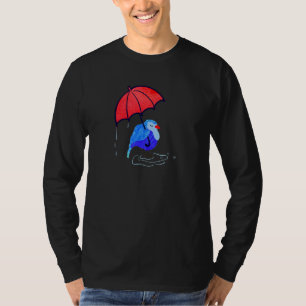 Cool Blauwe Vogel met Rode Paraplu Onder Regen Die T-shirt