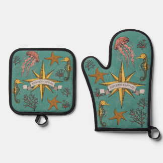 Cool Blauwgroen Groen Nautische Keuken Captain Zee Ovenwant & Pannenlap Set