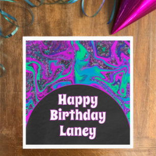 Cool Blauwgroen Roze Glitter Custom Happy Birthday Servet