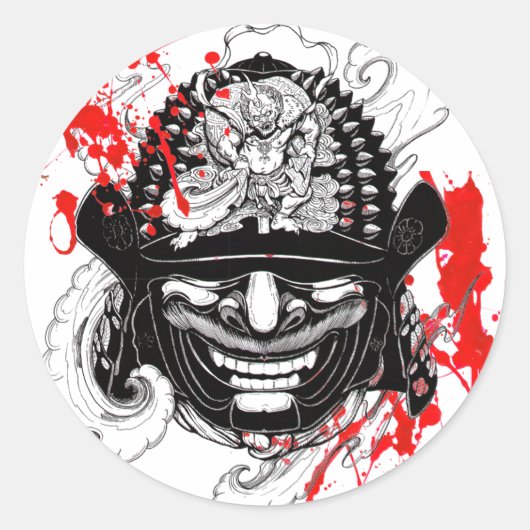 Cool bloed splaatstsamurai demon mask helm tattoo ronde sticker (Voorkant)