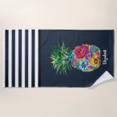 Cool Bloemige Ananas Zeeman Navy Blauwe Gestreepte Strandlaken (Voorkant)