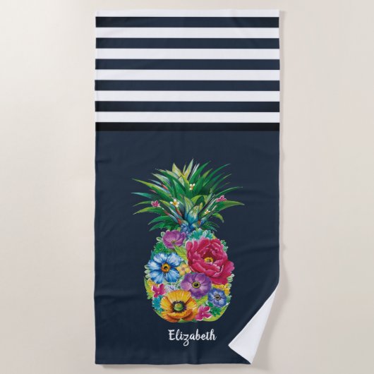 Cool Bloemige Ananas Zeeman Navy Blauwe Gestreepte Strandlaken (Voorkant)