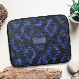 Cool Blue Abstract Pattern Faux Snakeskin Monogram Laptop Sleeve