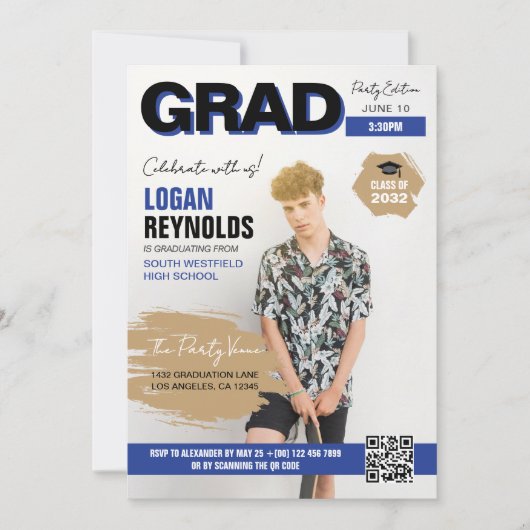 Cool Blue & Black Foto's Magazine Hoesje Afstudere Kaart (Voorkant)