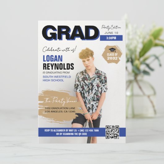 Cool Blue & Black Foto's Magazine Hoesje Afstudere Kaart (Staand voorkant)