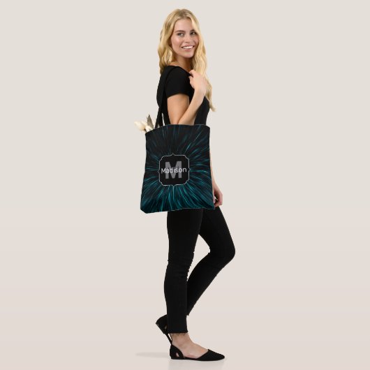 Cool Blue Black Hypergalaxy Abstract Line Monogram Tote Bag (Op model)