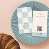 Cool Blue Checkered Cafe Croissant QR Bakery Visitekaartje