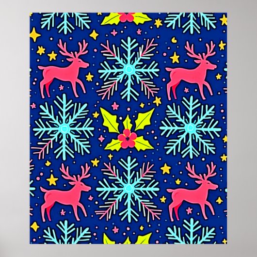 Cool Blue Christmas Reindeer Pattern Design Poster (Voorkant)