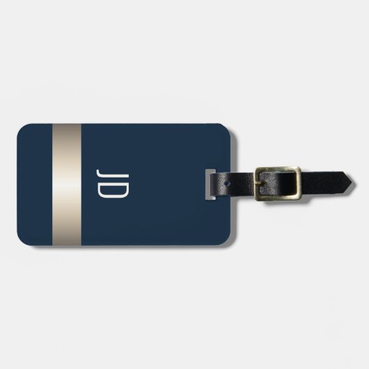 Cool Blue Faux Metal Stripe Monogram Bagagelabel (Voorkant horizontaal)