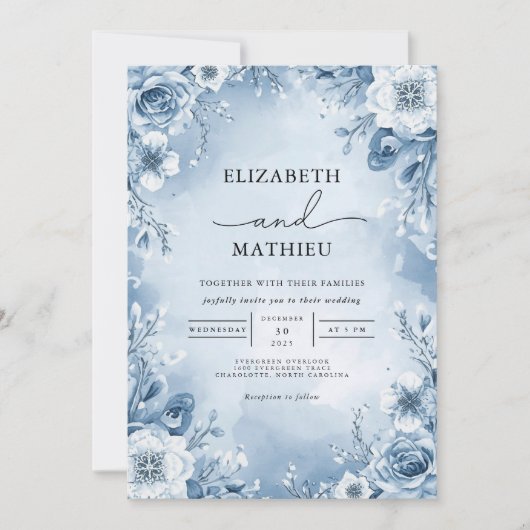 Cool Blue Floral Flourish bruiloft Kaart (Voorkant)