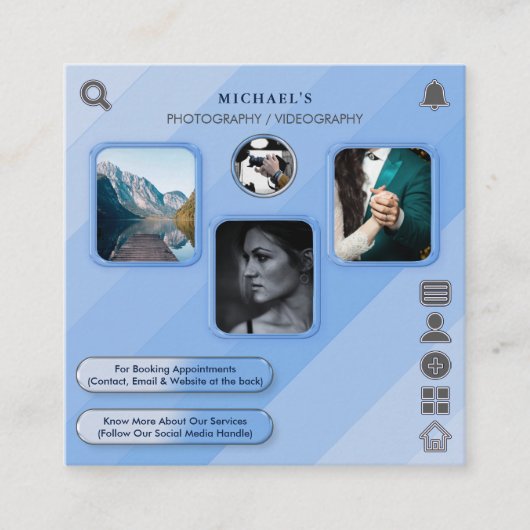 Cool Blue Fotografie & Videografie Aangepaste QR-c Vierkante Visitekaartje (Voorkant)