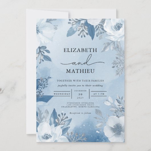 Cool Blue Frost Floral Winter Wedding Kaart (Voorkant)