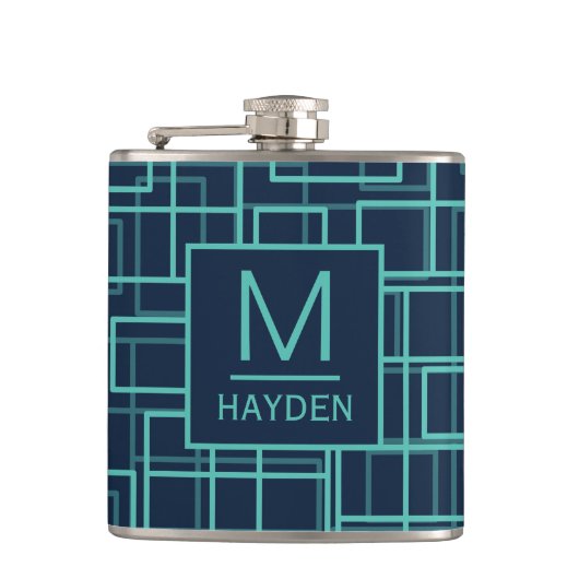 Cool Blue Geometric Grid Pattern Monogrammed Flask Heupfles (Voorkant)