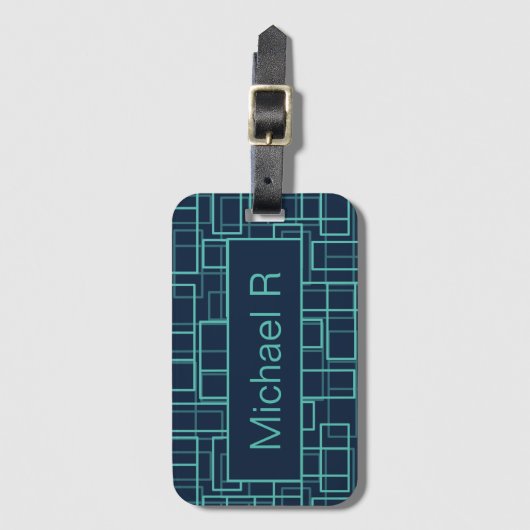 Cool Blue Geometric Grid Pattern Personalised Bagagelabel (Voorkant (verticaal))