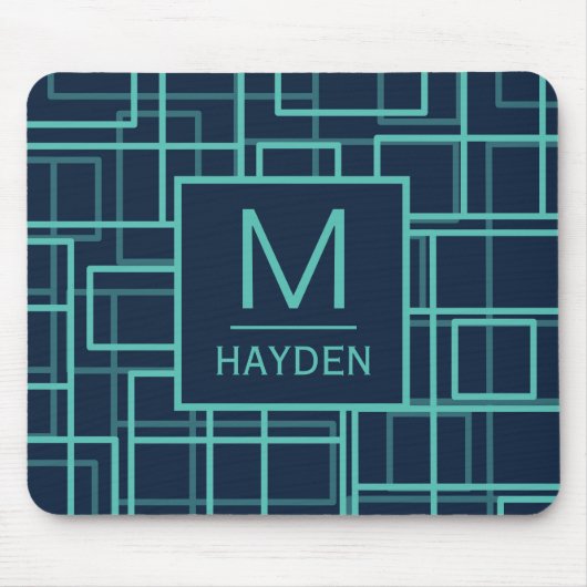 Cool Blue Geometric Grid Pattern Personalised Muismat (Voorkant)